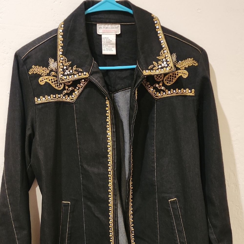 Victor Costa Gold and Black Jean Jacket with Western Embellishments